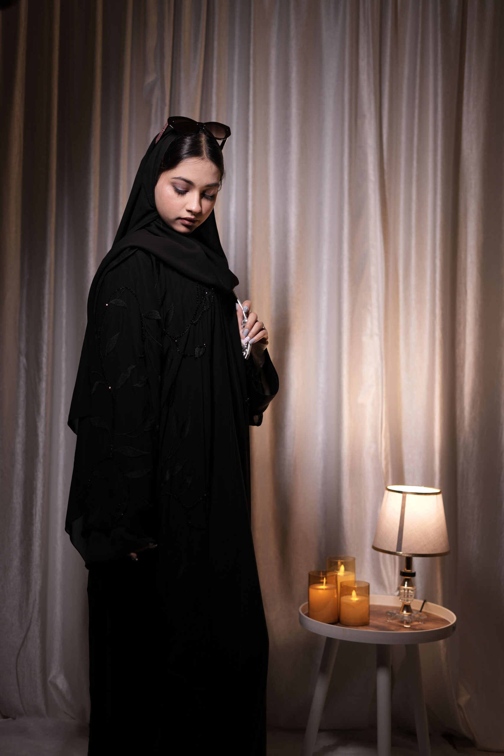 Black Chiffon Abaya with Tone-on-Tone Leaf Embroidery - Image 2