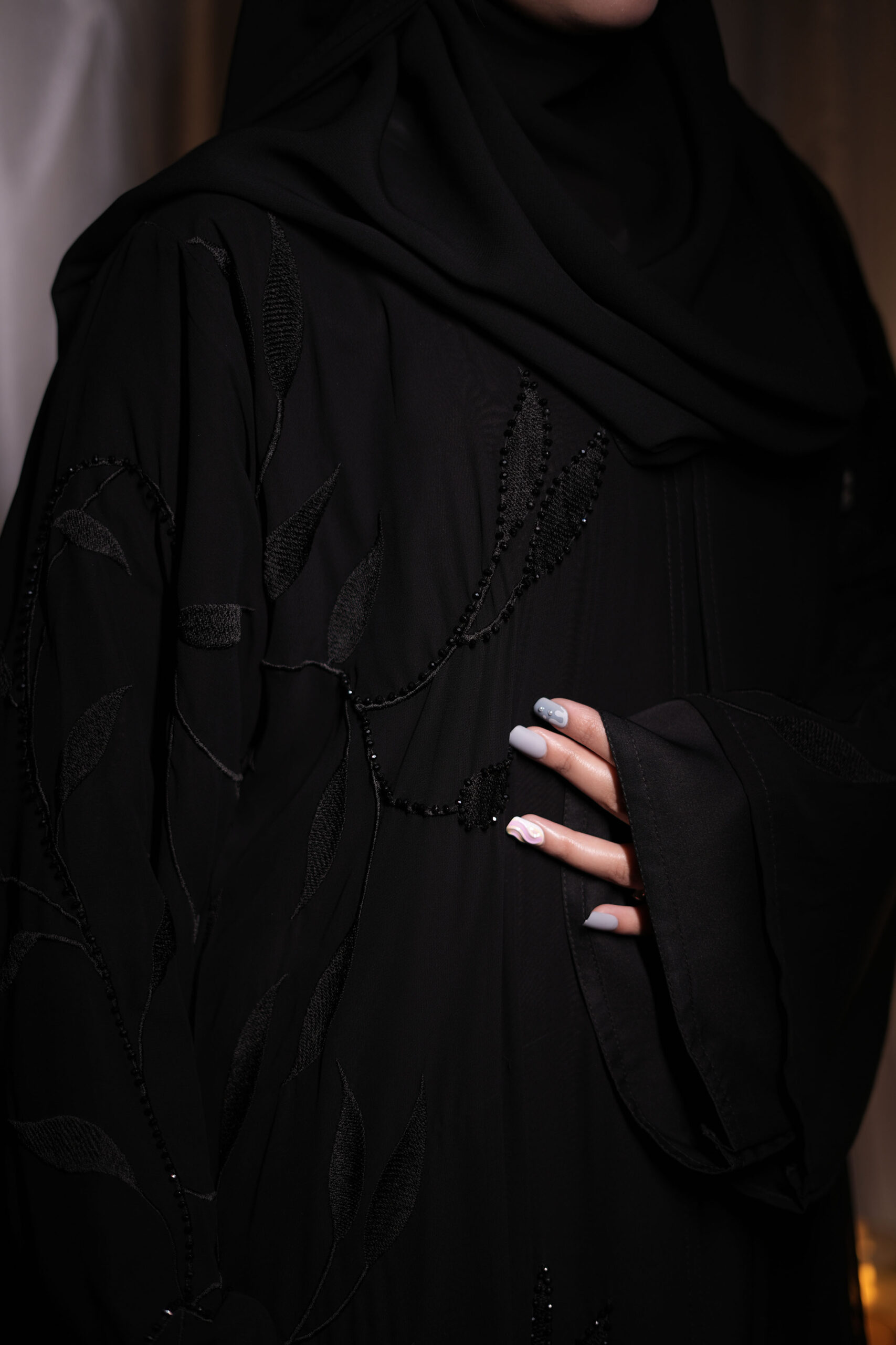 Black Chiffon Abaya with Tone-on-Tone Leaf Embroidery - Image 3