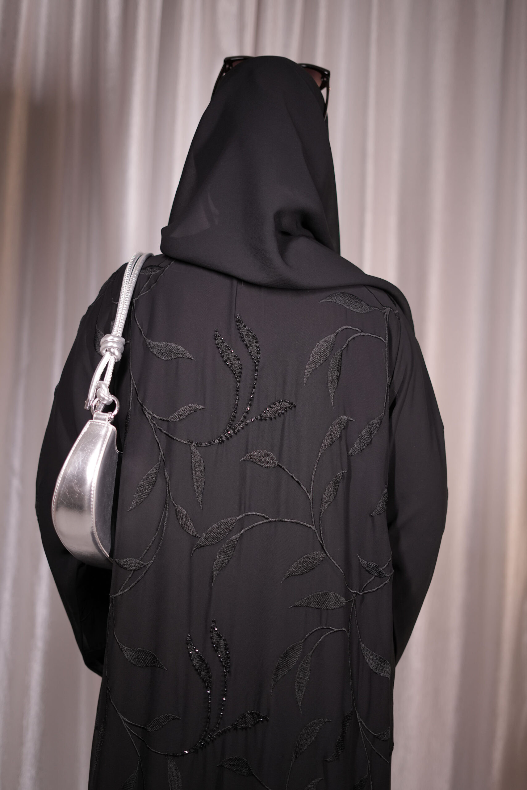 Black Chiffon Abaya with Tone-on-Tone Leaf Embroidery - Image 4