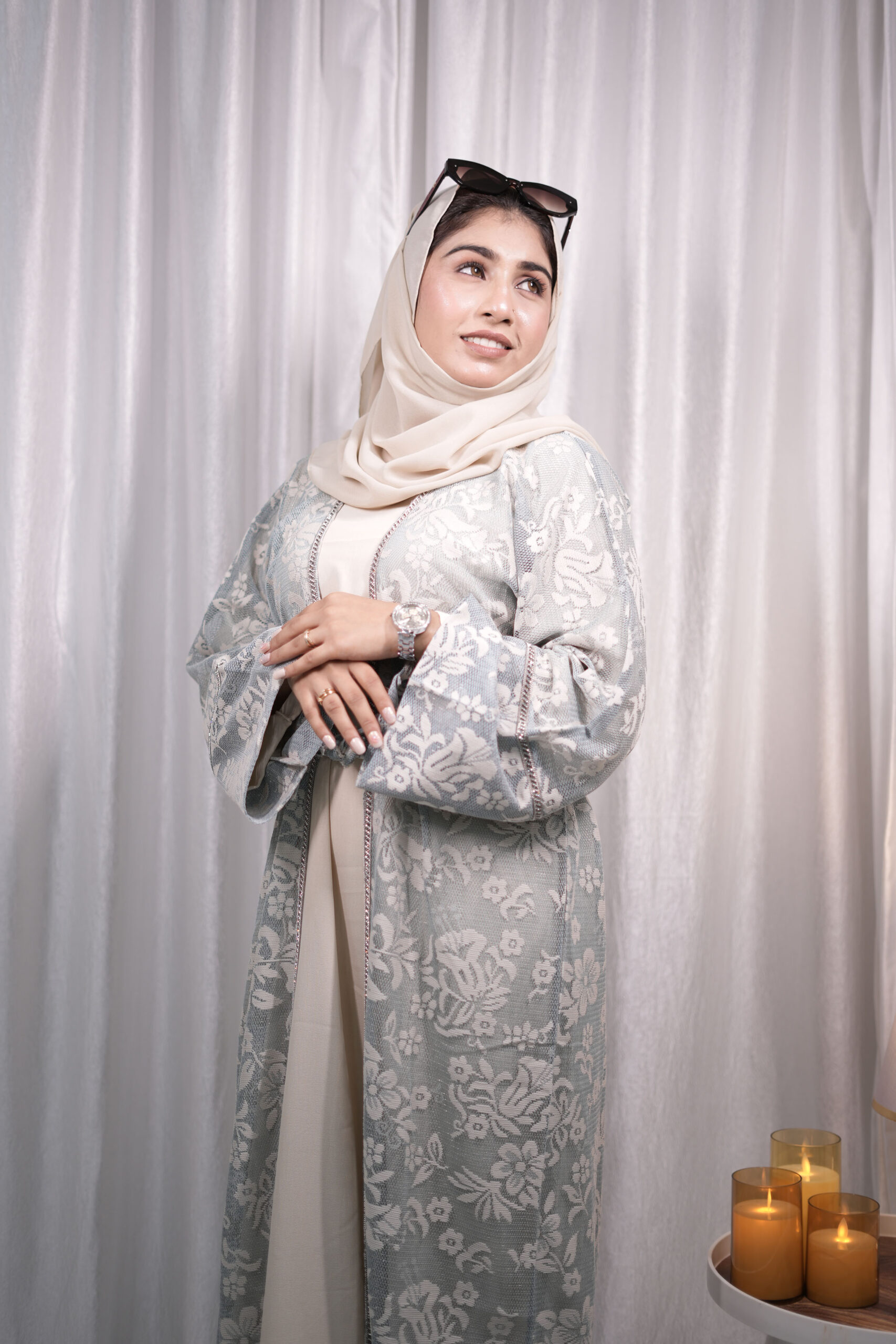 Powder Blue Lace-Overlay Open Abaya - Image 4
