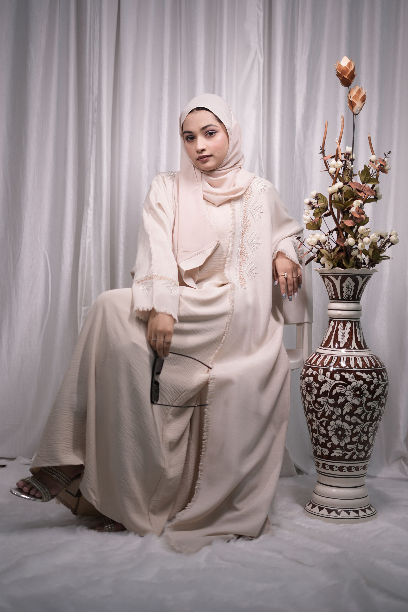 Beige Frayed-Edge Abaya - Image 2