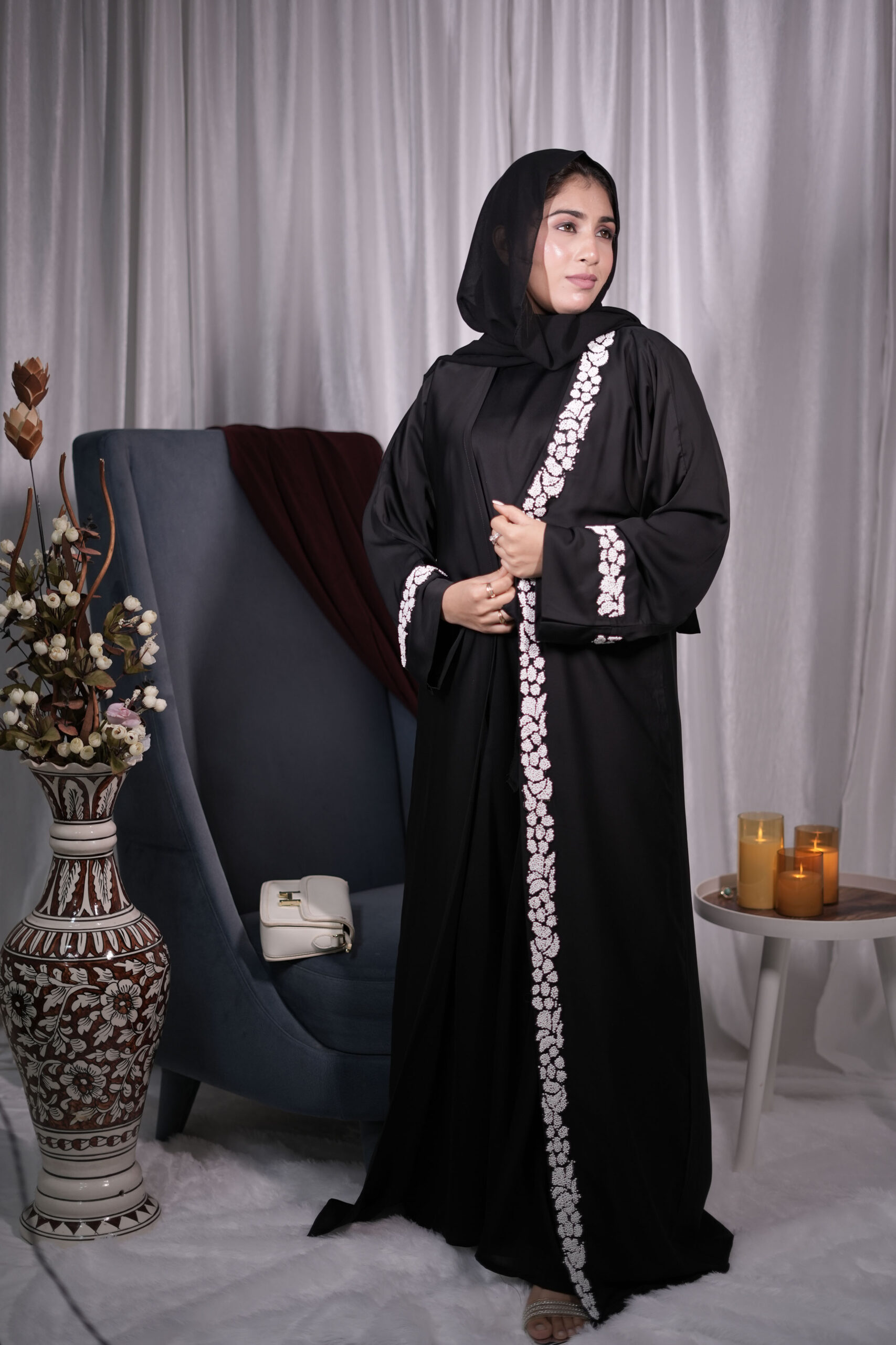 Black Abaya with White Floral Embroidered Trim - Image 3