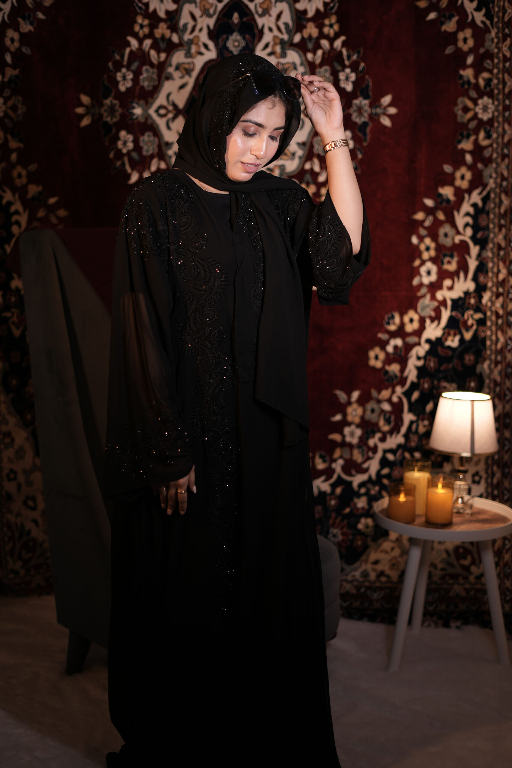 Midnight Black Abaya with Elegant Beaded Leaf Embroidery - Image 2