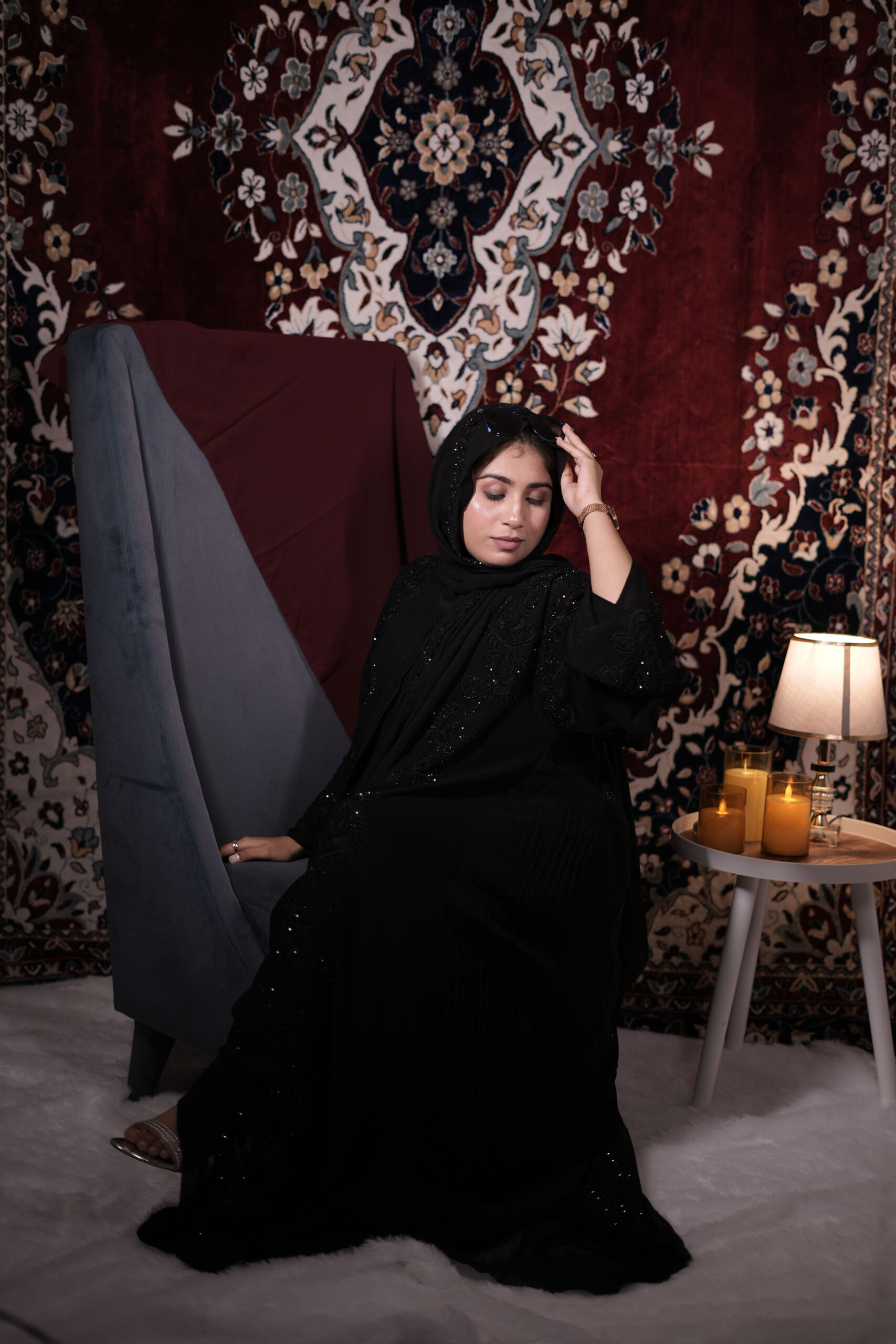 Midnight Black Abaya with Elegant Beaded Leaf Embroidery - Image 3