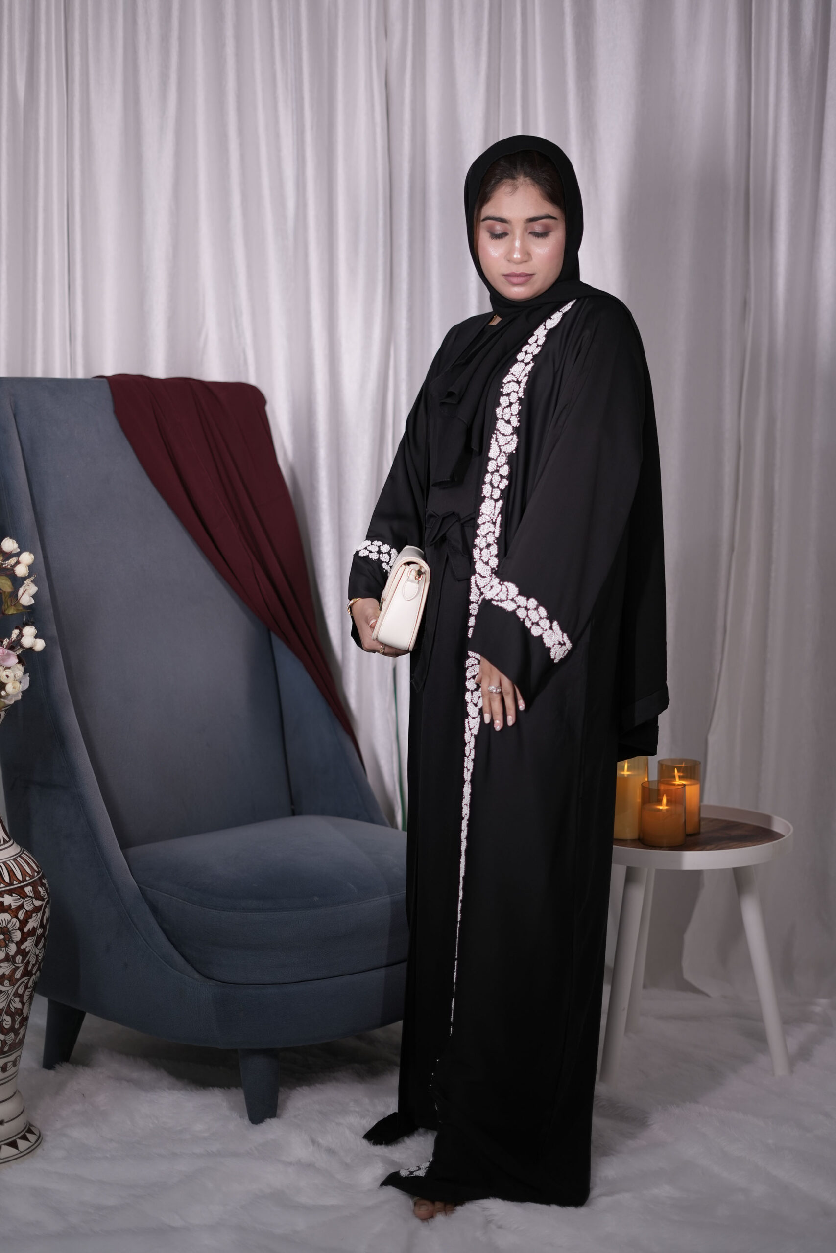 Black Abaya with White Floral Embroidered Trim