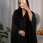 Minimalist Armani Silk Abaya Set – Mocha & Midnight Black
