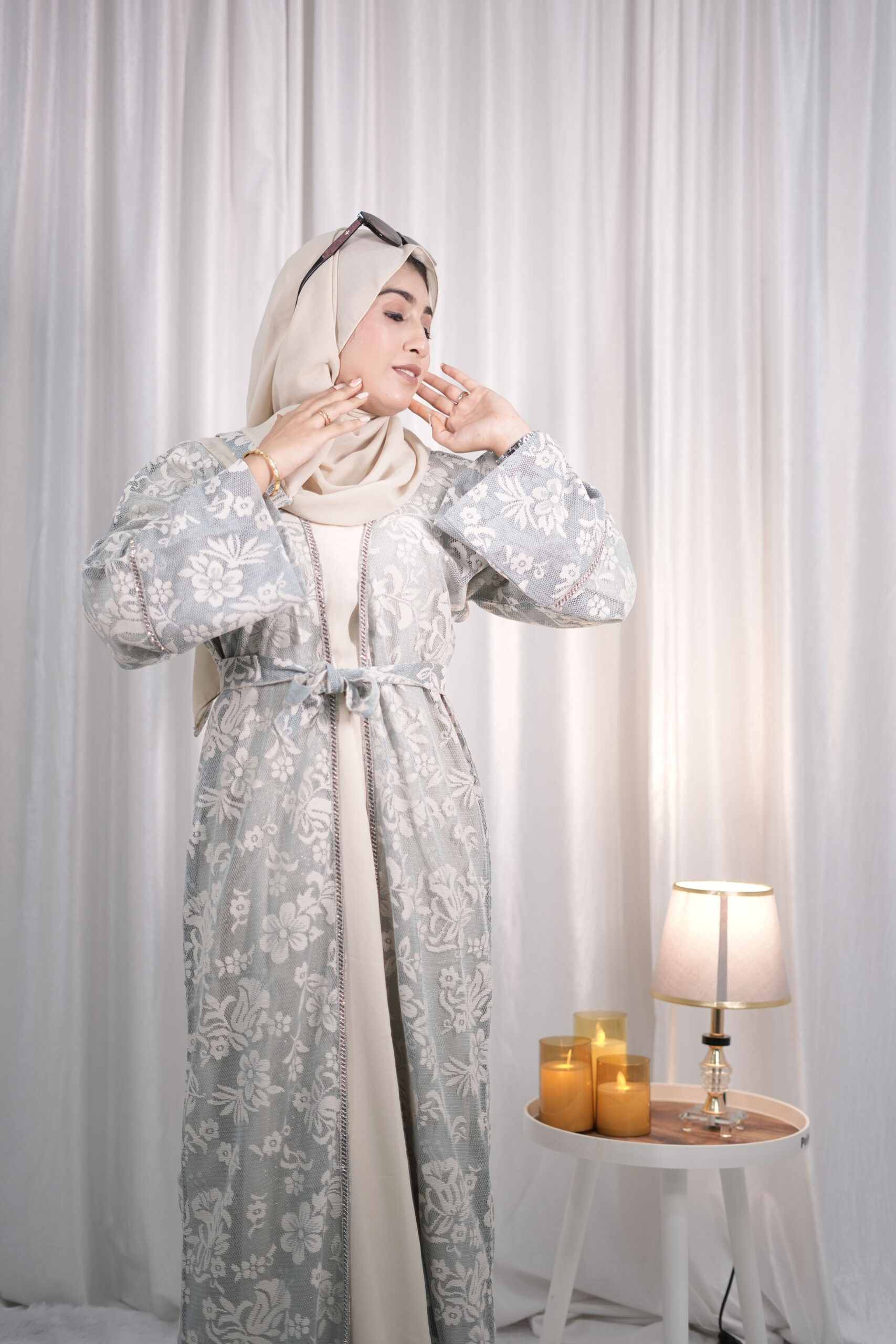 Powder Blue Lace-Overlay Open Abaya