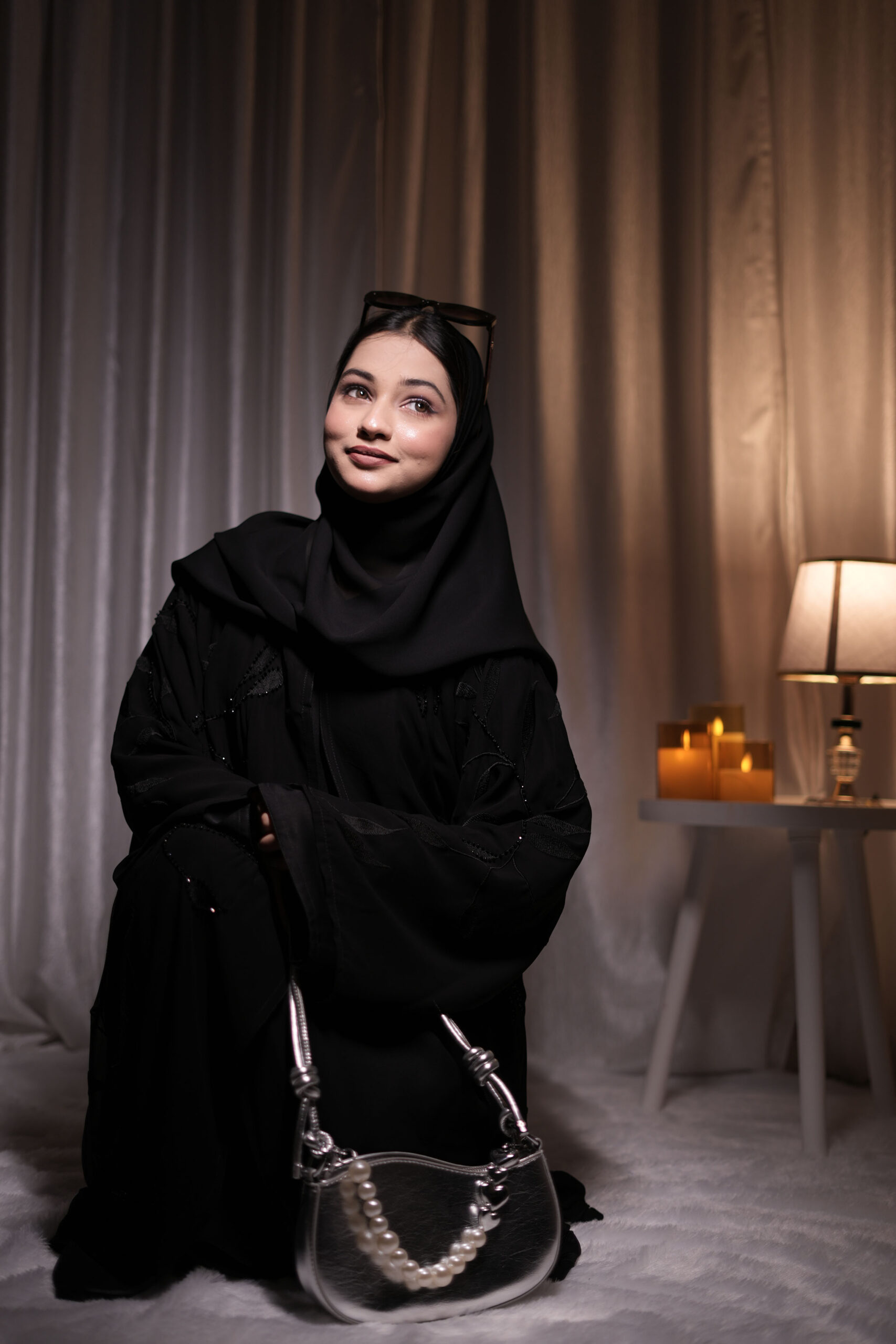 Black Chiffon Abaya with Tone-on-Tone Leaf Embroidery