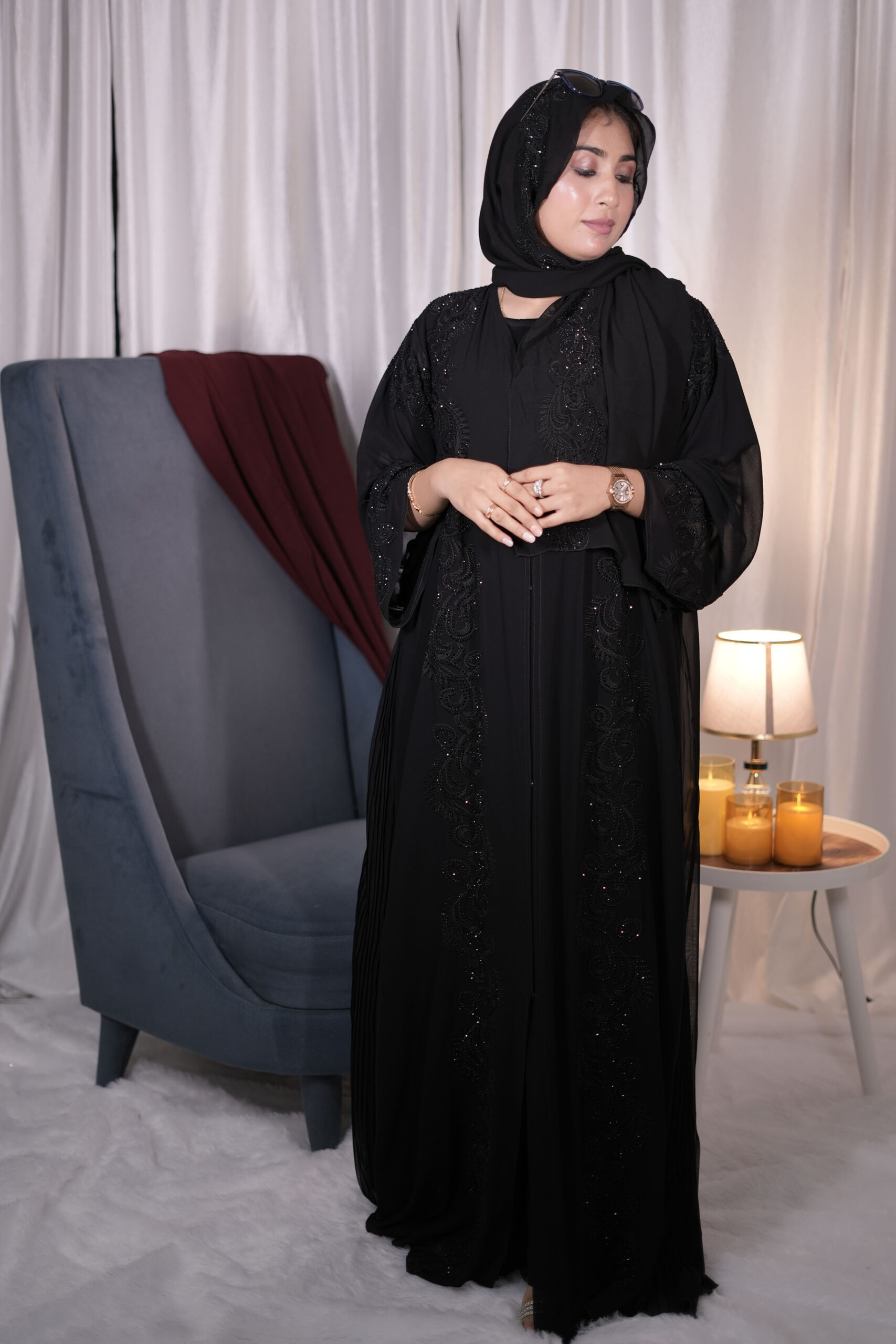 Midnight Black Abaya with Elegant Beaded Leaf Embroidery - Image 4